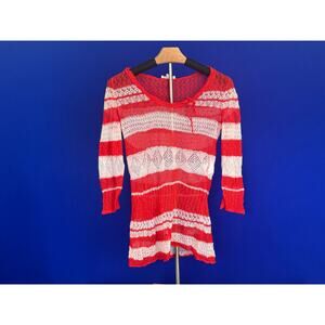 Kookai Red & White Sheer Knit Striped Sweater – Made in Italy